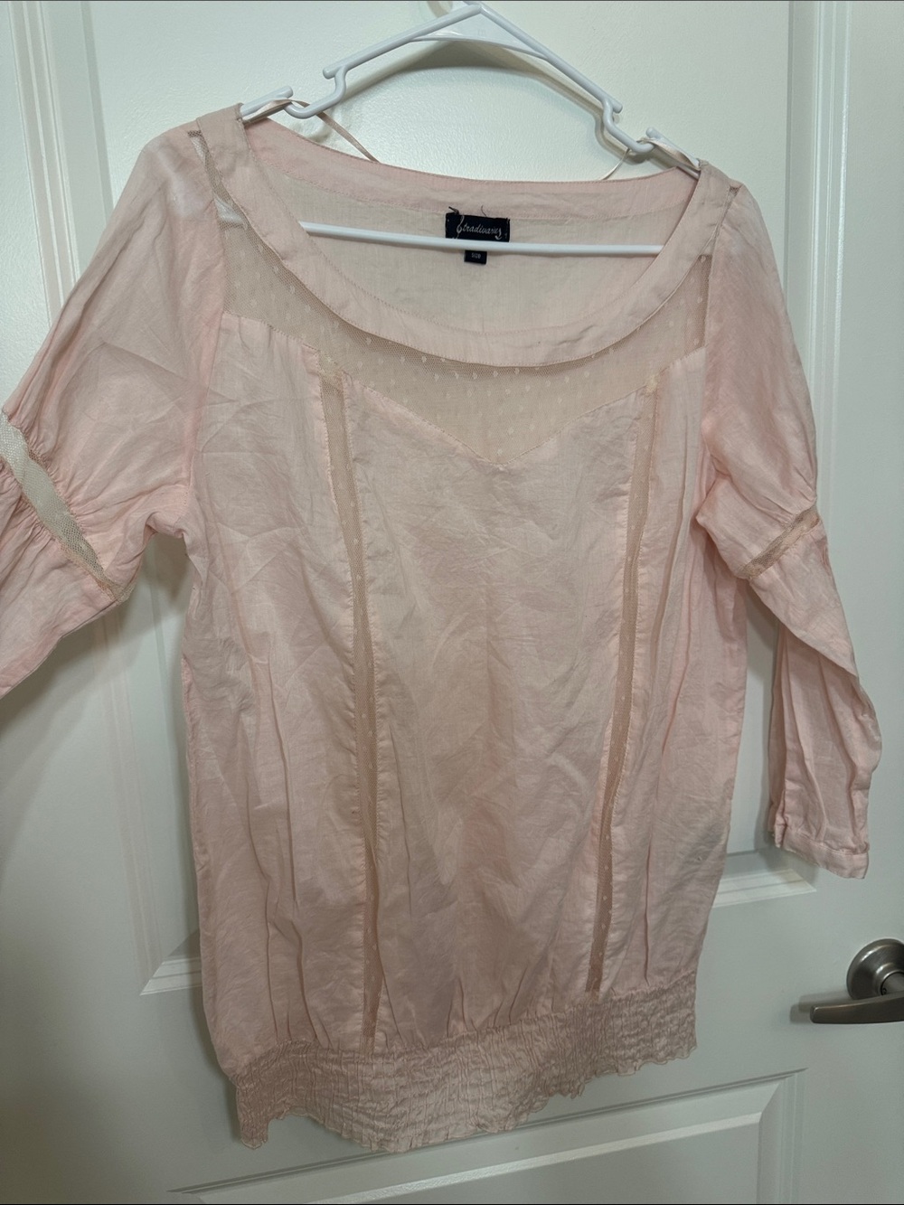 Vintage Stradivarius romantic Pale Pink Sheer-Trim Peasant Blouse